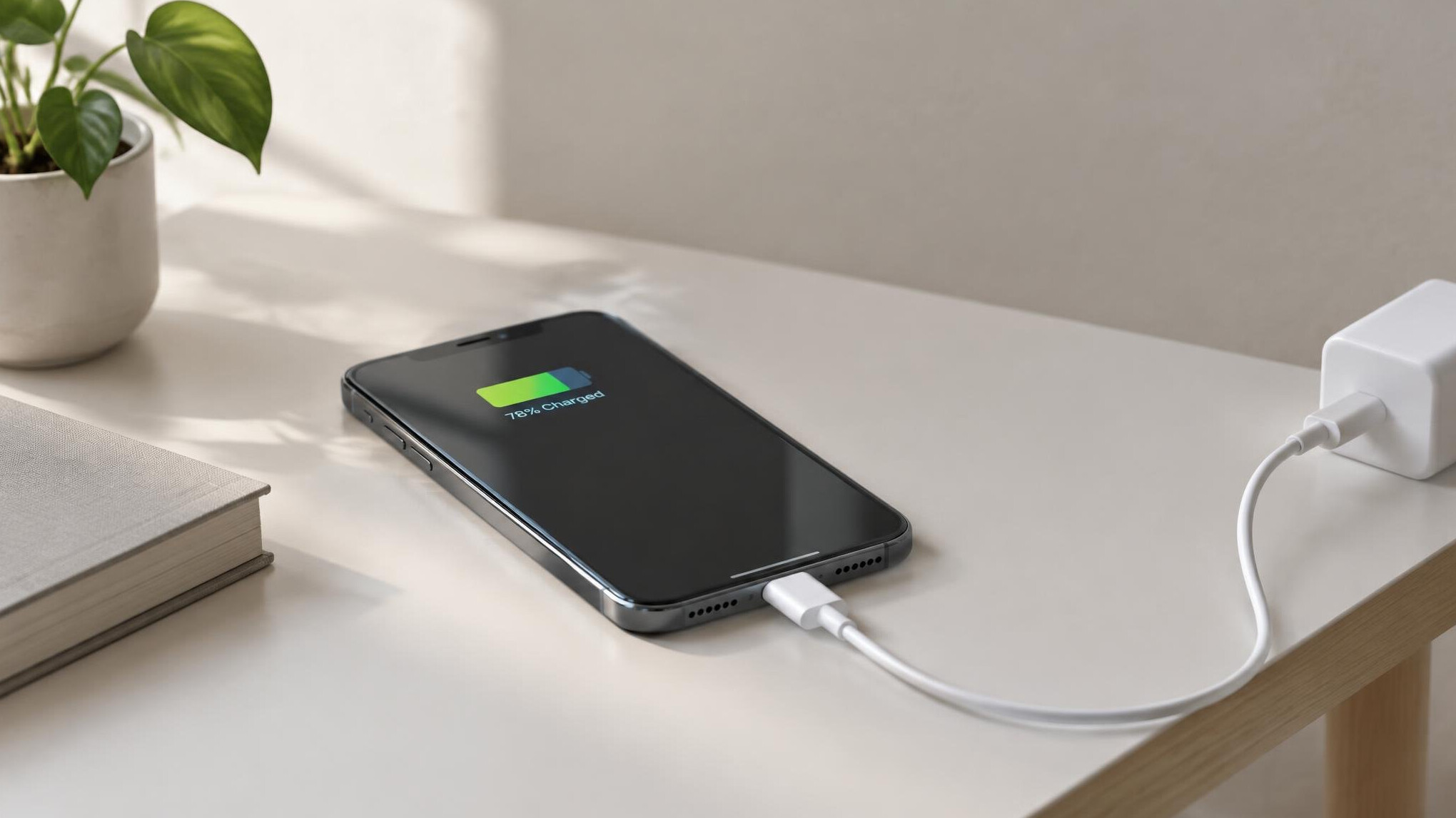 Smartphone being charged on a table