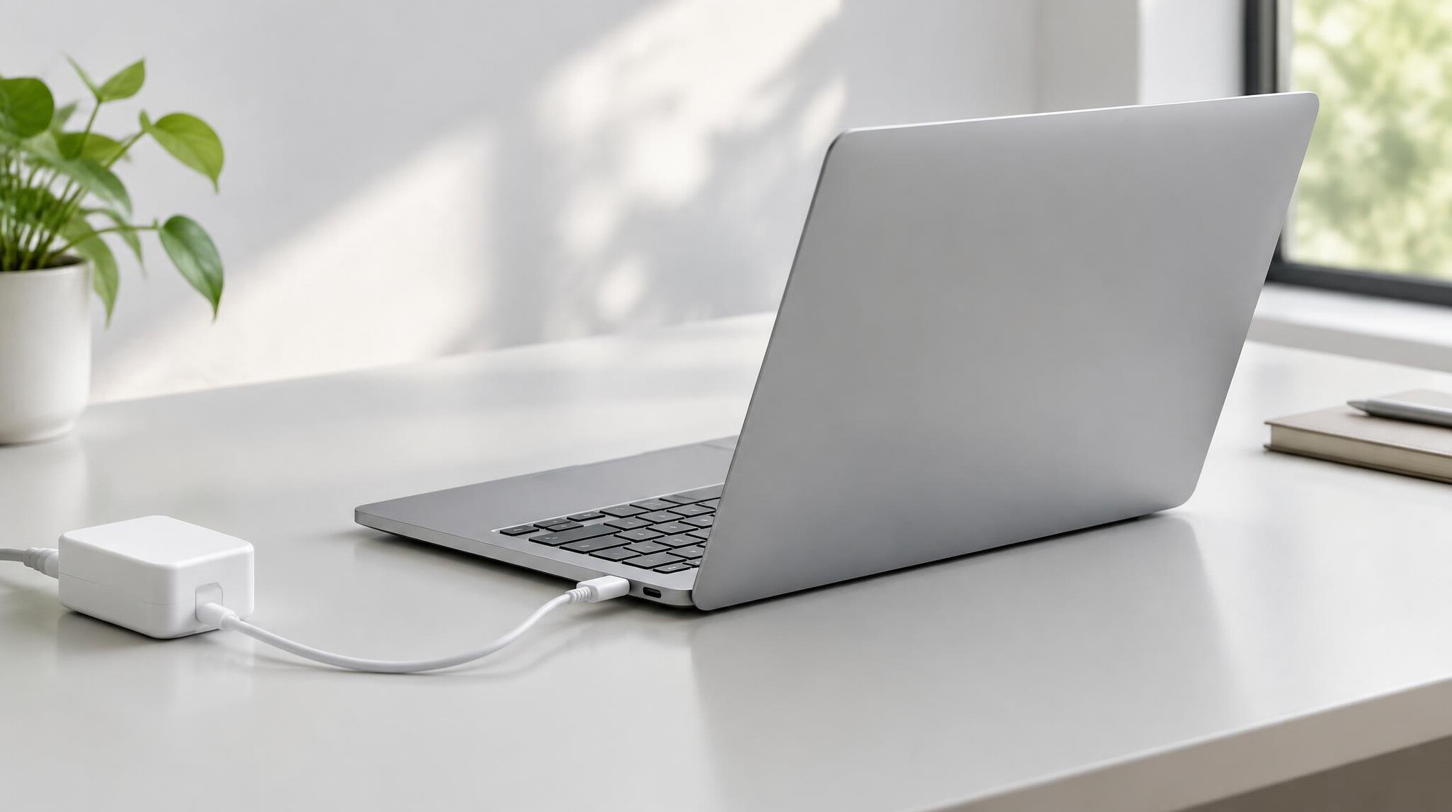 Laptop with a power adapter on a desk