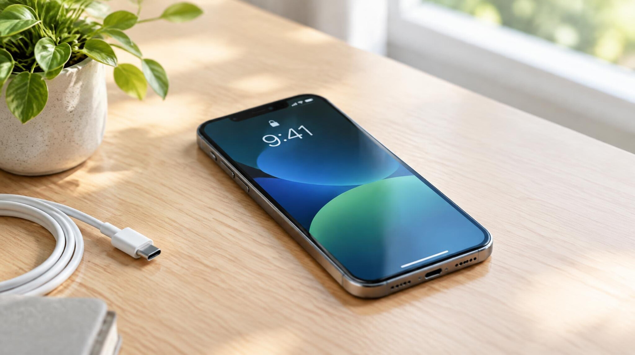 Smartphone with battery indicator on a desk